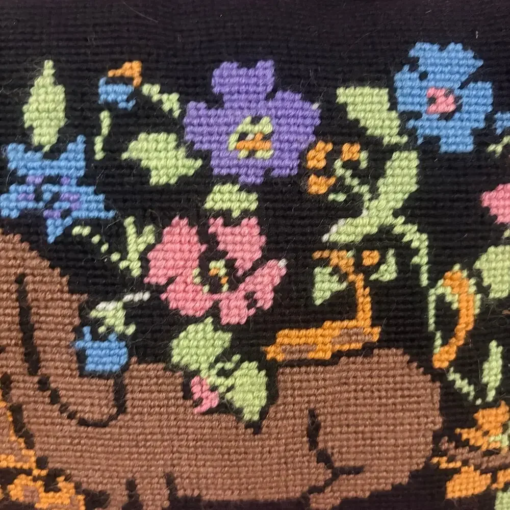 Grandmillennial Dachshund Needlepoint Accent Pillow Pink Velvet Ruffle Handmade